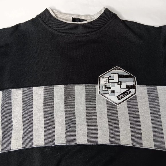 Vintage 80s Sasson Unisex Medium Sweatshirt Crew Neck Black Gray Stripe Retro - Picture 2 of 13